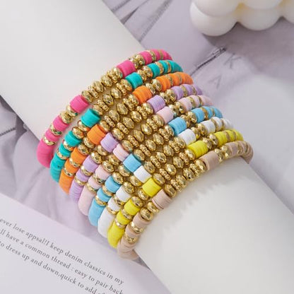 Friendship Bracelets for Women - Heishi Surfer Colorful Smile Evil Eye Clay Beaded Stretch Bracelets Elastic Layering - Stackable Boho Disc Y2K Aesthetic Summer Jewelry Set. - color: B-surfer-9pc-colorful