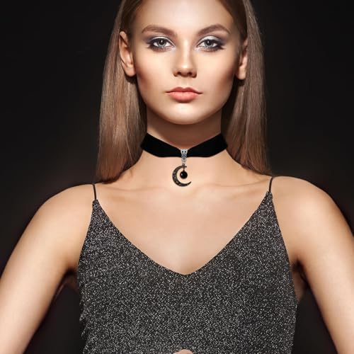 Gothic Black Velvet Goth Choker Necklace for Women,Cameo Black Choker Crow Skull Pendant Necklace Vintage Collar Skull Necklace Gothic Jewelry - style: Black moon