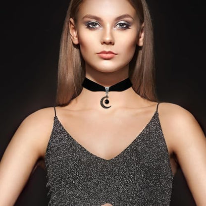 Gothic Black Velvet Goth Choker Necklace for Women,Cameo Black Choker Crow Skull Pendant Necklace Vintage Collar Skull Necklace Gothic Jewelry - style: Black moon