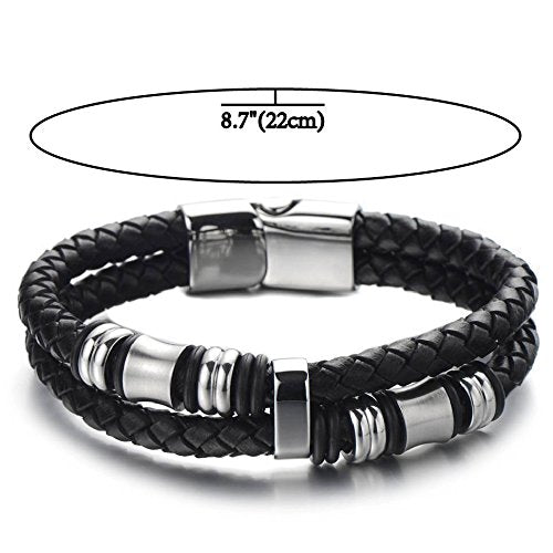 COOLSTEELANDBEYOND Mens Double-Row Braided Leather Bracelet Bangle Wristband with Black Stainless Steel Ornaments - color: B-Black Silver