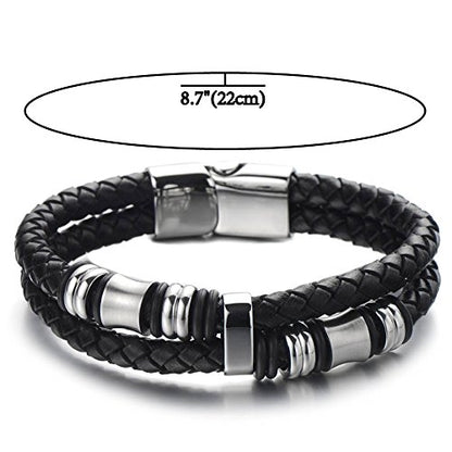 COOLSTEELANDBEYOND Mens Double-Row Braided Leather Bracelet Bangle Wristband with Black Stainless Steel Ornaments - color: B-Black Silver
