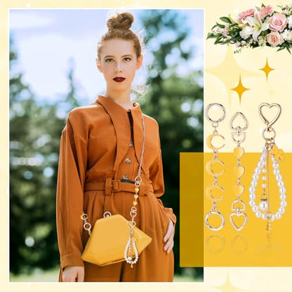 Sureio 5 Pcs Bag Extender Chain Pearl Purse Chain Ribbon Bow Keychain Extender Bag Strap Purse Charms Accessories for Handbag - color: Yellow and Gold