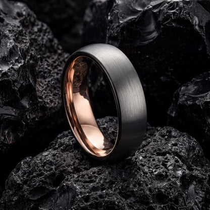 Tungsten Wedding Band Ring 10mm 8mm 6mm 4mm for Men Women 18k Rose Gold Plated Dome Black Grey Brushed Polished - color: 4 Rose Gold Black Grey Tungsten