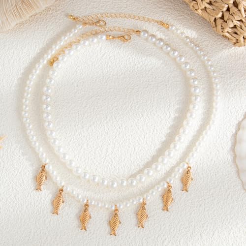 Fish Necklace for Women Handmade Beaded Y Pendant Necklace Colorful Summer Beach Boho Layering Choker Necklaces - color: Fish-Pearl