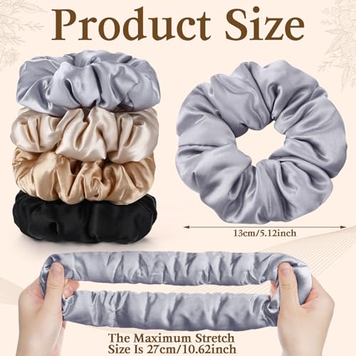 4Pcs Large Satin Hair Scrunchies, Big Pillow Scrunchies for Women Girls Silk Sleepy Scrunchie Ponytail Holders for Thick Hair - color: Elegant Colors