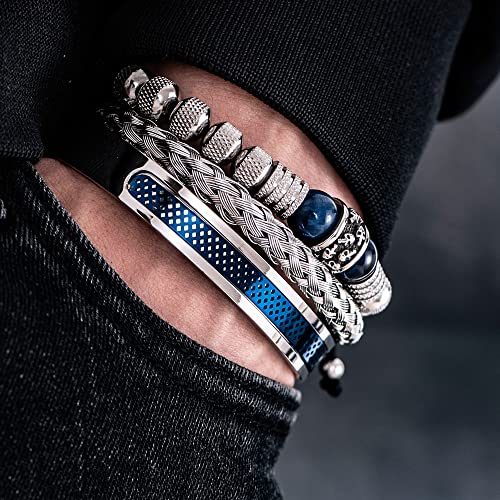 3pcs/set Classical Handmade Braiding Bracelet Hip Hop Men Pave CZ Leopard Head Roman Numeral Bracelet Stainless Steel Jewelry - color: 3pcs V Blue