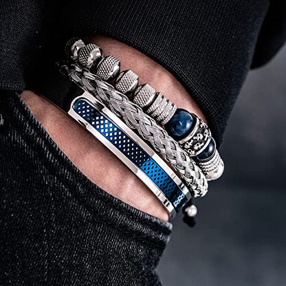 3pcs/set Classical Handmade Braiding Bracelet Hip Hop Men Pave CZ Leopard Head Roman Numeral Bracelet Stainless Steel Jewelry - color: 3pcs V Blue