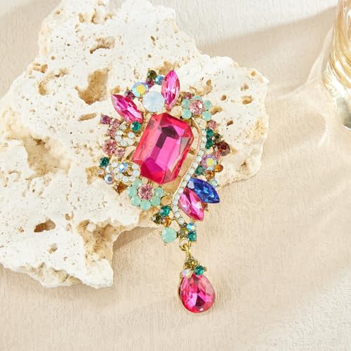 YOQUCOL Retro Austrian Crystal Big Brooch Pin for Women Large Flower Shape Brooches Lapel Pins for Sweater,Coat Dress Accessories - color: B-RoseRed