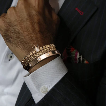 3pcs/set Classical Handmade Braiding Bracelet Hip Hop Men Pave CZ Leopard Head Roman Numeral Bracelet Stainless Steel Jewelry - color: 3pcs K Gold