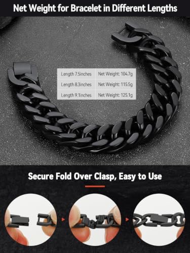 FaithHeart Mens Stainless Steel Cuban Link Bracelet, Tarnish Resistant | 6/8/12/17mm Silver/Black/Gold Sturdy Hip Hop Wrist Chain Bracelets Daily Wear with Gift Box, 7.5"/8.3"/9.1" Length - color: Black-17mm Width, size: Length 9.1 Inches