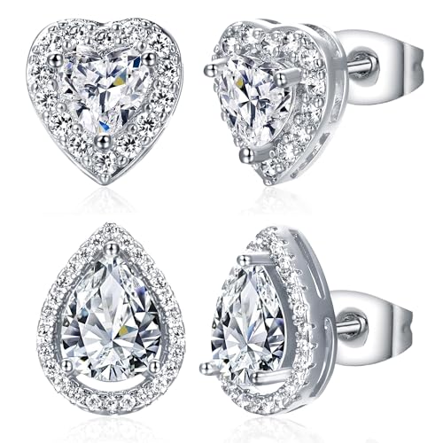 MDFUN Halo Stud Earrings 18K Gold Plated Round/Square/Heart/Teardrop Cubic Zirconia Earrings Set for Women - color: A-Heart/Teardrop