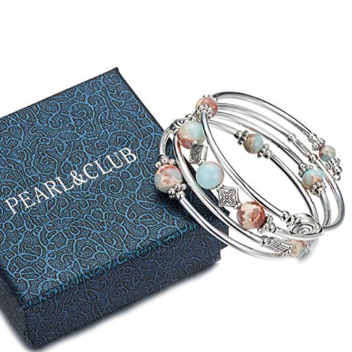 Beaded Pearl Bangle Wrap Bracelet - Fashion Bohemian Jewelry Multilayer Charm Bracelet with Thick Silver Metal Beads, Gift For Women - color: King Green