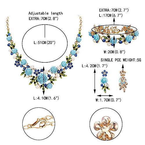 EVER FAITH Costume Jewelry Crystal Simulated Pearl Rose Flower Leaf Prom Party Statement Necklace Earrings Bracelet Set for Women - color: Blue Gold-Tone
