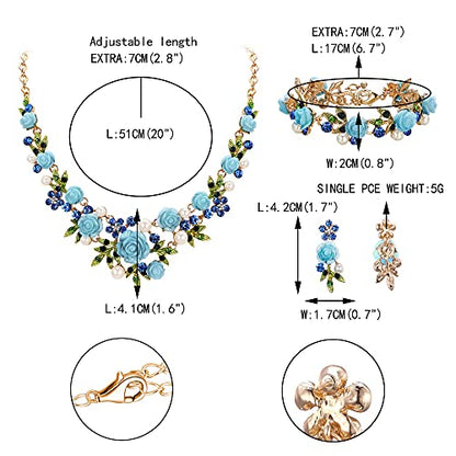 EVER FAITH Costume Jewelry Crystal Simulated Pearl Rose Flower Leaf Prom Party Statement Necklace Earrings Bracelet Set for Women - color: Blue Gold-Tone