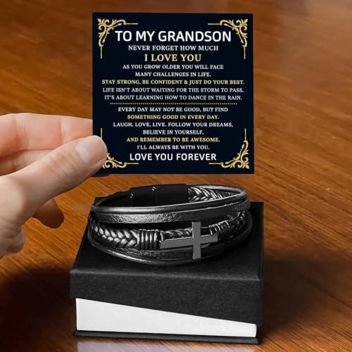 To My GrandSon Bracelet – Cross Braided Leather Bracelet, Meaningful GrandSon Gift from Grandpa & Grandma with Heartfelt Message Card & Elegant Gift Box for Birthday, Christmas, Graduation - color: Version#8