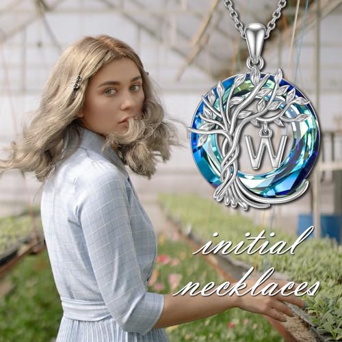 TOUPOP Gifts for Women Tree of Life Initial Necklace 925 Sterling Silver Letter Pendant with Blue Crystal Birthday Jewelry Gifts for Women Her Mom Wife Daughter - color: Tree of Life W Initial