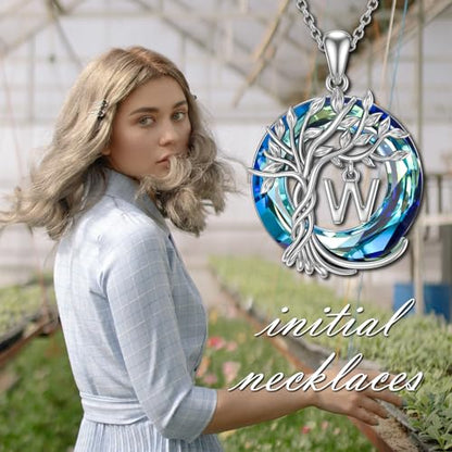 TOUPOP Gifts for Women Tree of Life Initial Necklace 925 Sterling Silver Letter Pendant with Blue Crystal Birthday Jewelry Gifts for Women Her Mom Wife Daughter - color: Tree of Life W Initial