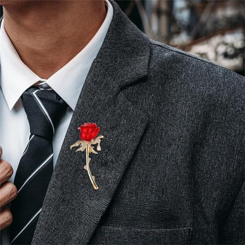 Red Rose Flower Brooches Pins for Women Men Elegant Crystal Flower Lapel Pin Retro Suit Hat Dress Accessories Wedding Valentine's Day Jewelry Gift - style: Red Rose