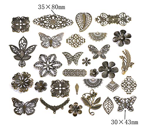 100g Antique Bronze Filigree Connectors Charms Pendants Findings Iron Metal Embellishments for DIY Hairpin Headwear Earring Jewelry Making, Nickel Free (Antique Bronze) - color: Antique Bronze