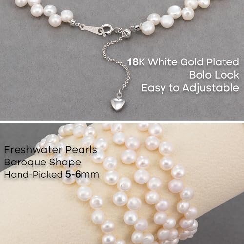 Natural Pearls Necklace, Freshwater Baroque Pearls Necklace for Women's Pearl Strand Choker Necklace 18K Gold Plated & S925 Sterling Silver Clasp White Necklace Chain - color: White Side-Drilled, 5-6mm, 18KWGP Lock