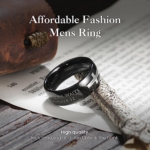 King Will Stainless Steel Men Ring Lord's Prayer Cross Ring Stainless Steel Men Wedding Ring, Wedding Band Bible Engraved Rings High Polished, Comfort Fit | 8mm, Gold/Silver/Black Wedding Band, Bible Engraved Rings, High Polished, Comfort Fit, Size 7-14 -