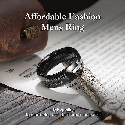 King Will Stainless Steel Men Ring Lord's Prayer Cross Ring Stainless Steel Men Wedding Ring, Wedding Band Bible Engraved Rings High Polished, Comfort Fit | 8mm, Gold/Silver/Black Wedding Band, Bible Engraved Rings, High Polished, Comfort Fit, Size 7-14 -