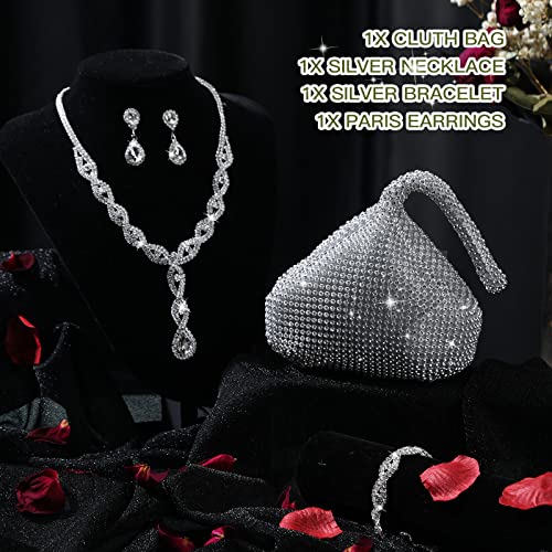 4 Pcs Silver Clutch Purse Jewelry Set for Women Rave Accessories Evening Rhinestone Purse Silver for Bride Wedding - style: Vivid Style