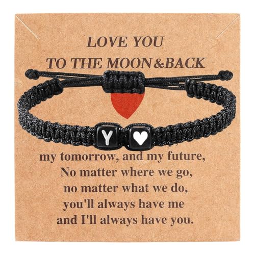 Valentines Day Gifts for Him Her Heart Love Letter Initial Matching Couple Bracelets for Women Men Teen Gifts Best Friend Graduation Birthday Gifts A-Z Braided Bracelet Son Daughter Dad Jewelry - color: Black-Y