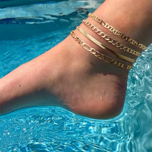 Rotnso Anklets for Women 14K Gold Silver Plated Ankle Bracelets Trendy Waterproof Boho Anklets Set Adjustable Dainty Cute Diamond Beaded Heart Non Tarnish Summer Beach Jewelry Gift - style: 4Pcs Cuban&Mariner-GD