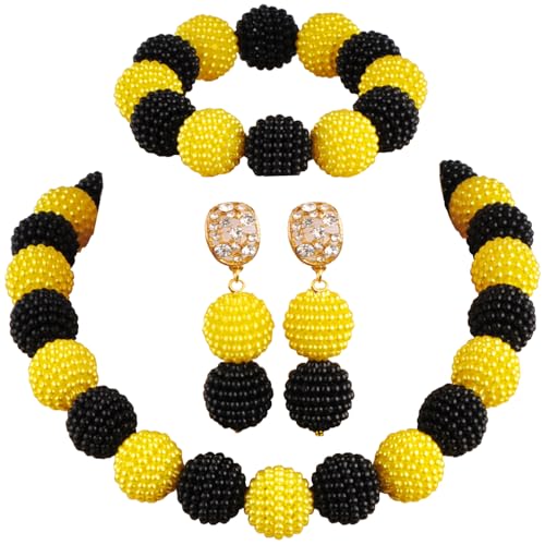 Nigerian Wedding African Beads Jewelry Set Women Simulated Pearl Necklace and Earrings - color: Black-Yellow