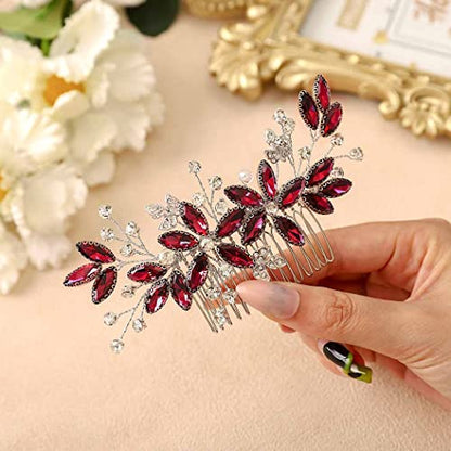 Casdre Crystal Bride Wedding Hair Comb Silver Leaf Bridal Hair Accessories Rhinestone Party Prom Hair Piece for Women and Girls (E Red) - color: E Red