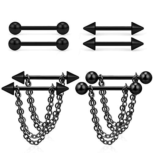 316L Surgical Steel Chain Dangle Nipple Shield Rings 14G Nipplering Barbell Piercing Jewelry for Women Men - color: Black/4Pr