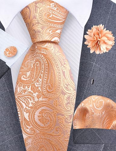 GUSLESON 3.15"（8cm） Mens Tie and Lapel Pin Paisley Necktie Hankerchief Cufflinks Set for Men - color: Light Orange