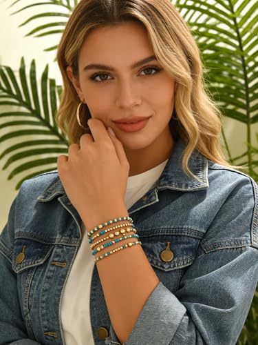 LOTSOF Bohemia Multilayer Beaded Bracelet Set, Turquoise Resin Colorful Surfer Heishi Style Elastic Spring Clasp Friendship Elastic Wristbands Summer Beach Boho Vacation Jewelry - color: Blue