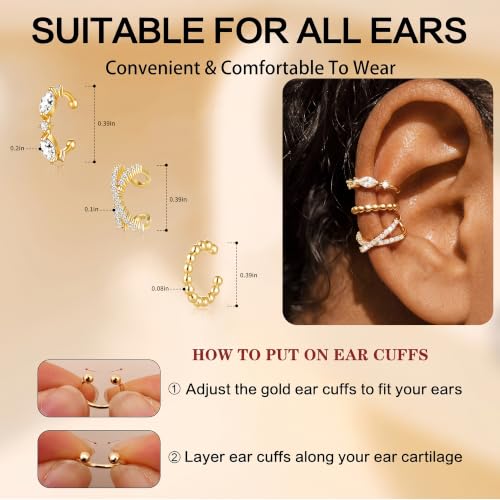 14K Gold Plated Layered Chunky Ear Cuff for Women Thick Ear Clips | Ear Cuff Earrings for Women,Hammered Texture design，Lightweight Hypoallergenic Ear Clips，trendy Jewelry for Daily Party Prom - color: gold 1