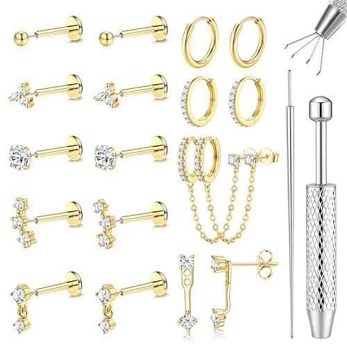 LOLIAS Hypoallergenic Gold Threadless Flat Back Stud Earrings for Women | 20G 18G 16G Surgical Steel Earrings Push in Nose Studs CZ Cartilage Earring Set Labret Helix Tragus Conch Piercing Jewelry - color: 14K Gold, size: 20G(0.8MM)-CZ