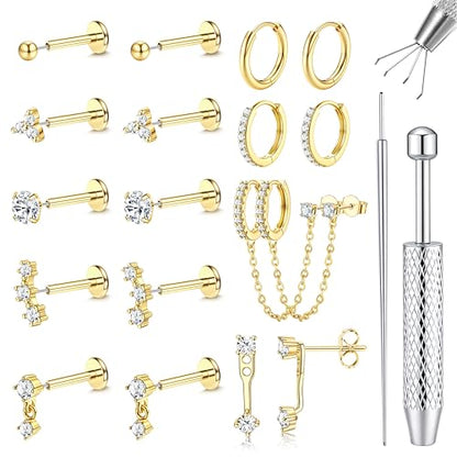 LOLIAS Hypoallergenic Gold Threadless Flat Back Stud Earrings for Women | 20G 18G 16G Surgical Steel Earrings Push in Nose Studs CZ Cartilage Earring Set Labret Helix Tragus Conch Piercing Jewelry - color: 14K Gold, size: 16G(1.2MM)-CZ