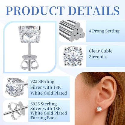 Moissanite Earrings Studs 1ct-3ct for Women/Men, 925 Sterling Silver with 18K White Gold Plated Hypoallergenic Flat Screw Back Birthday Gifts for Women Girlfriend Wife Engagement Jewelry - color: Round#3Ct-(1.5ct*2)