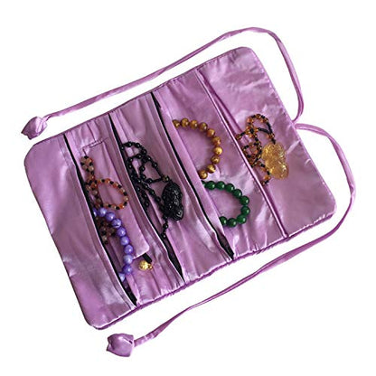 Travel Jewelry Roll Bag - Embroidered Brocade Pouch for Rings, Necklaces, Earrings, Bracelets | Lightweight & Tie Closure (Light Purple) - color: Light Purple