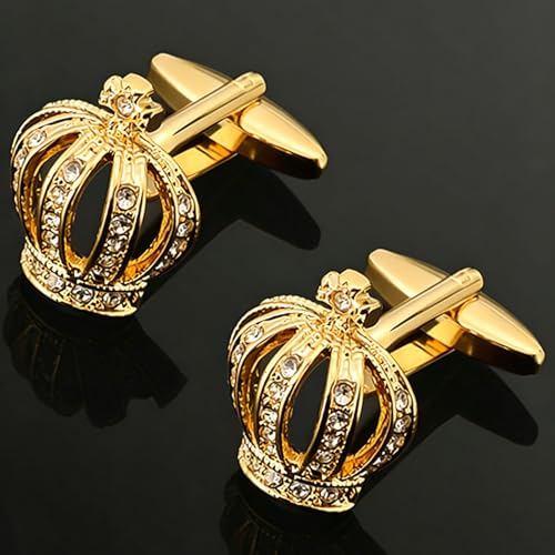 Golden Royal Crown Mens Cufflinks with Crystals In Gift Case | Novelty Style Cuff Links for Men Women Jewelry for Wedding Party Daily Office Formal or Casual Wear Business Tuxedo Dress