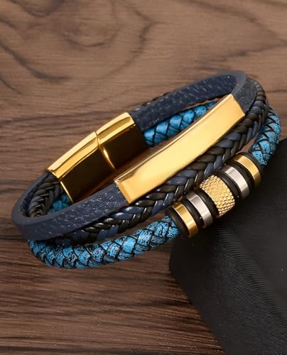 Italian Handmade Leather Bracelets for Men - color: Braided Gold Blue, size: 8.2"