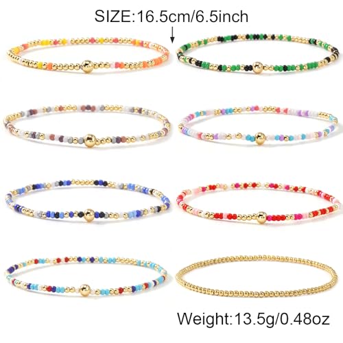 Dainty Gold Plated Beaded Bracelet Stack for Women,Handmade Bohemian Colorful Beads Stackable Stretch Bracelets Fashion Prom Jewelry Accessories Gift Friendship