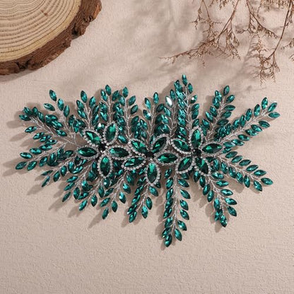 Teyglen Large Full Rhinestone Headband Flower Crystal Bride Wedding Headband Hair Vine Bridal Rhinestone Headpiece Wedding Hair Accessories for Women Party Prom (Green) - color: Green