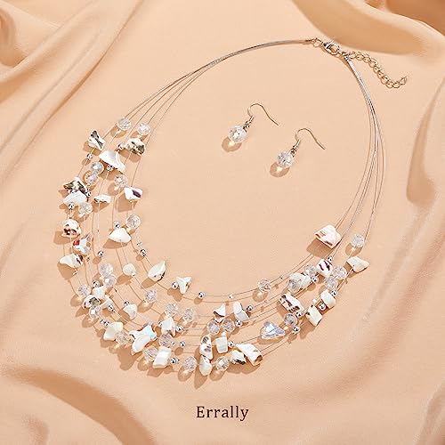 Multi-Layer Boho Shell Beaded Necklace for Women Colorful Crystal Strand with Silver Beads Statement Collars Necklace and Earrings Costumes Jewelry Sets for Women - color: 45-White