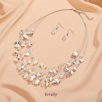 Multi-Layer Boho Shell Beaded Necklace for Women Colorful Crystal Strand with Silver Beads Statement Collars Necklace and Earrings Costumes Jewelry Sets for Women - color: 45-White