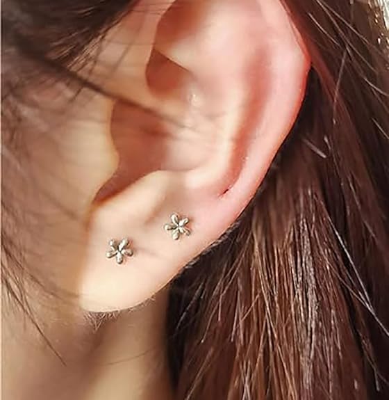 16G Cute Daisy Flower Cartilage Tragus Earring for Women Men Titanium Silver Dainty Minimalist Tiny Small Stud Threadless Push In Helix Conch Hypoallergenic Earrings Flat Back Studs Ear Piercing Jewelry - size: 6mm