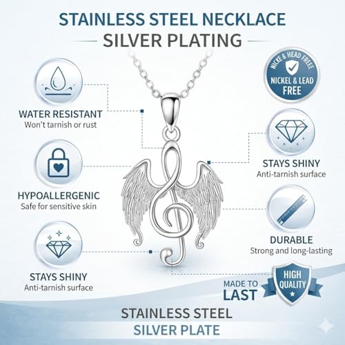 SUPAC Musical Note Jewelry Set, 4-Piece Silver Treble Clef Design, Necklace Bracelet Earrings Keychain - color: Silver/Rose Gold