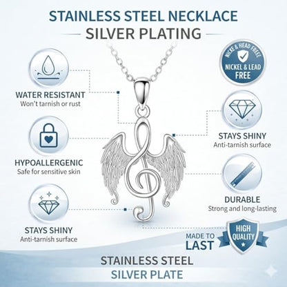 SUPAC Musical Note Jewelry Set, 4-Piece Silver Treble Clef Design, Necklace Bracelet Earrings Keychain - color: Silver/Rose Gold