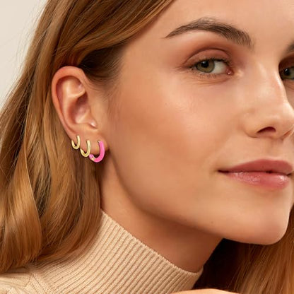 12 Pairs Stud & Hoop Earrings Set for Women 2-5mm Colorful Ball & Cubic Zirconia Stud earrings 8/10/12mm Hoop Earrings Hypoallergenic Stainless Steel Jewelry Gift Collection - color: Rose Pink