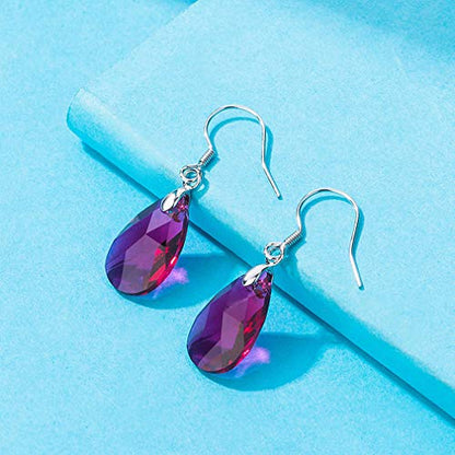 Austrian Crystal Teardrop Drop Earrings for Women, French Hook | 925 Sterling Silver Hook, Crystal Dangle Earrings, Sparkly Teardrop Stone, Lightweight Feel, Day-To-Evening Wear - color: Fuchsia
